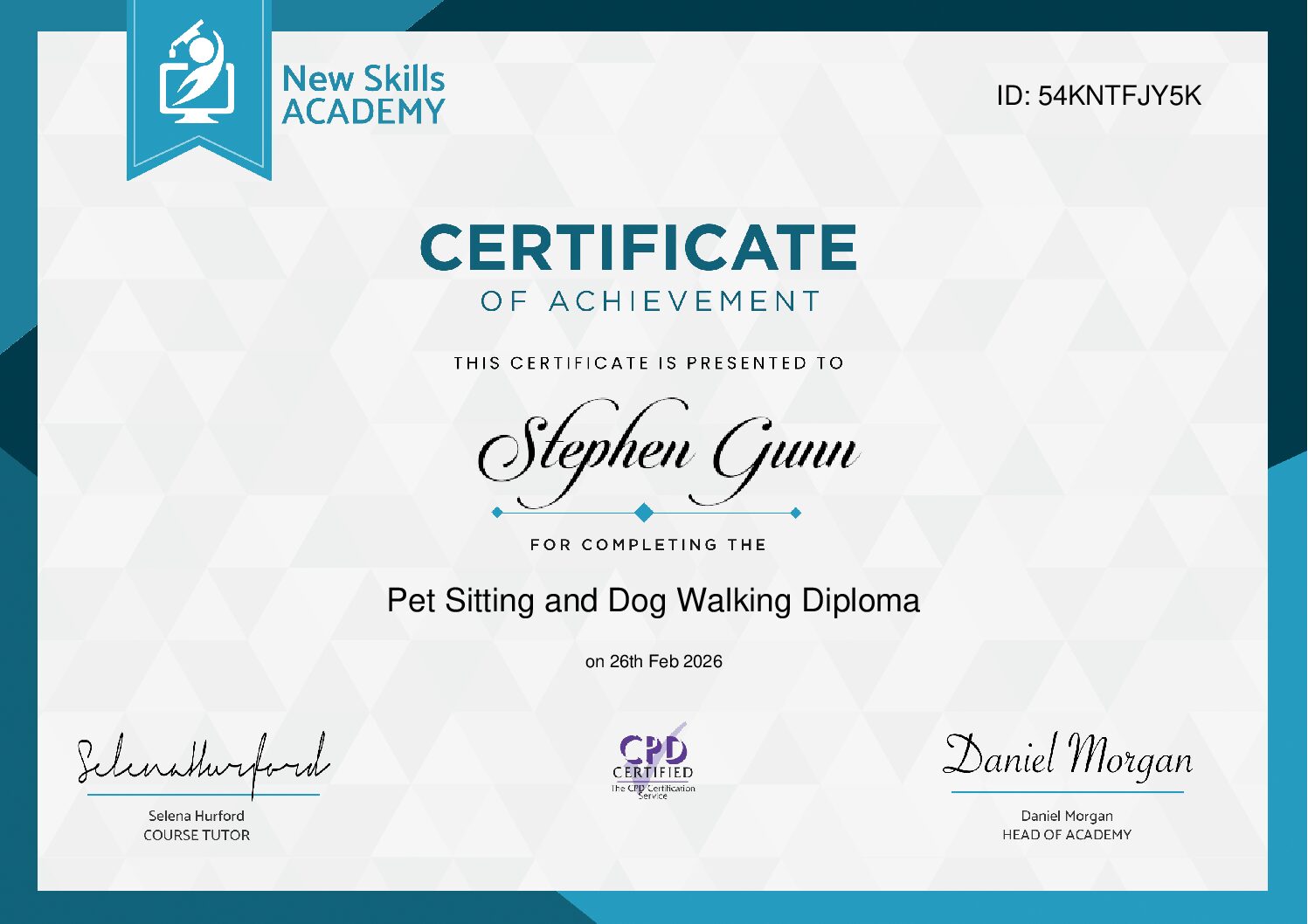 Stephen Gunn's Pet Sitting and Dog Walking Diploma