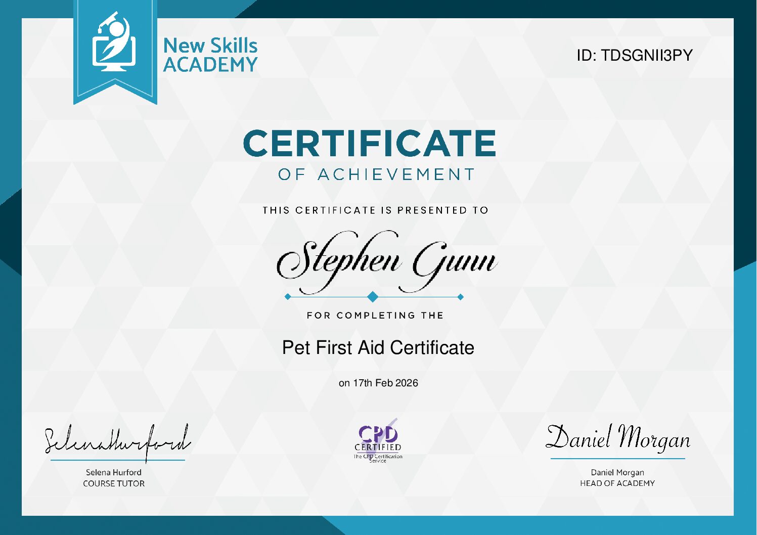 Stephen Gunn's Pet First Aid Certificate